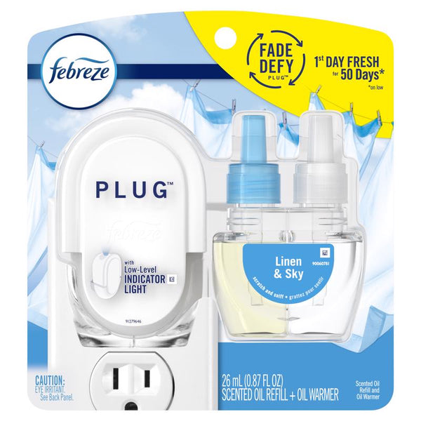 Febreze Plug In Air Freshener, Odor-Fighting Scented Oil Starter Kit, Air Fresheners for Home and Bathroom and Kitchen, Long Lasting for Strong Odors, Linen & Sky Scent, Warmer + 1 Refill 80336027