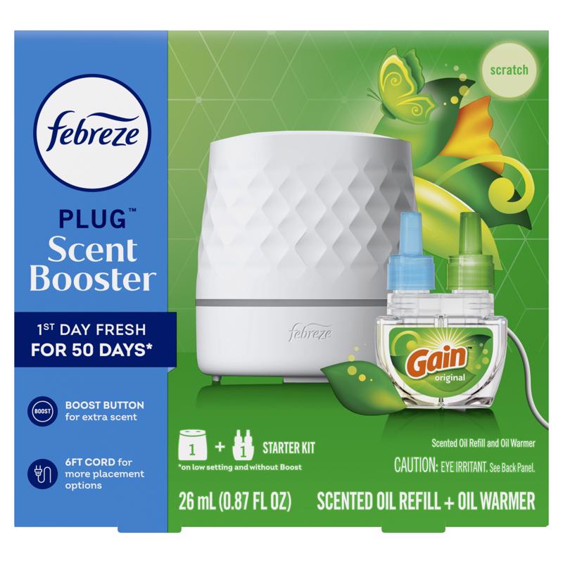 Febreze Plug Scent Booster Starter Kit, Oil Diffuser, Air Freshener Plug in, Continuous Scent Device + 2 Gain Original Refills