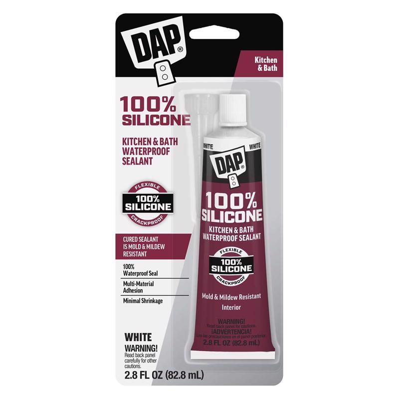 DAP 100% Silicone Rubber Kitchen, Bath & Plumbing Bath Sealant, White, 2.8 oz (7079800950)