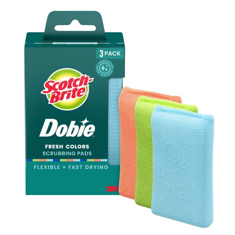 Scotch-Brite Dobie Non-Scratch All-Purpose Scrub Pads, Original Cleaning Sponges for Kitchen & Bathroom, Safe on Non-Stick Cookware, Reusable Scouring Sponge (3-Pack, Assorted Colors)