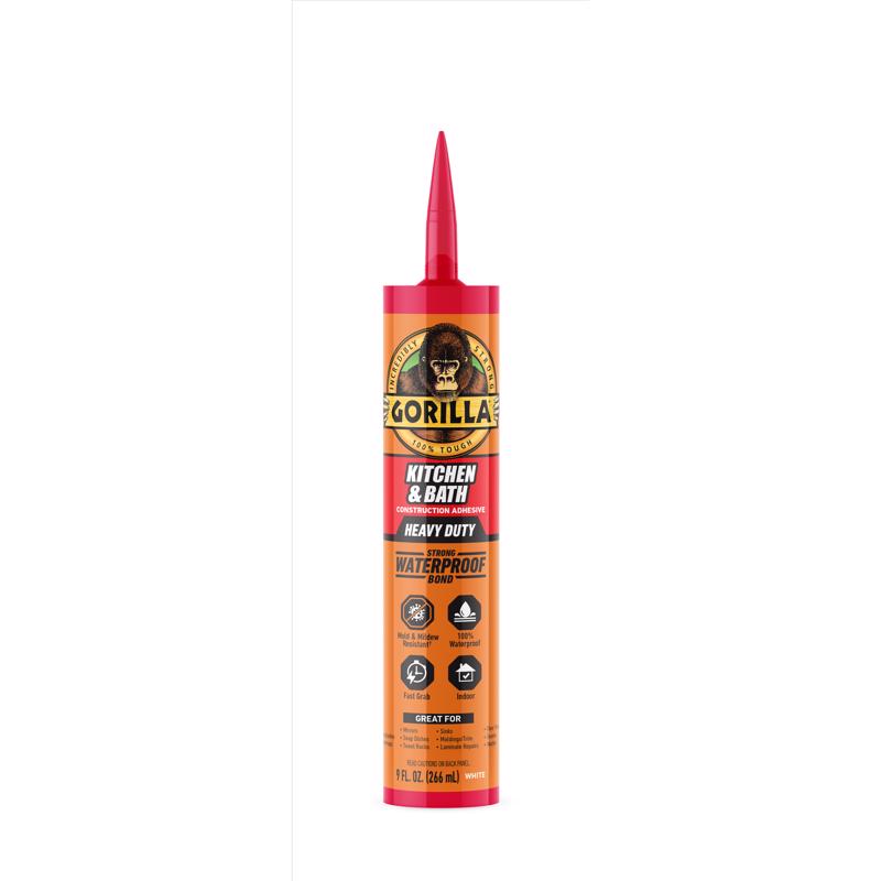 Gorilla Kitchen & Bath Construction Adhesive, Heavy Duty Strong Waterproof Bond, White, 9 fl. oz. Cartridge