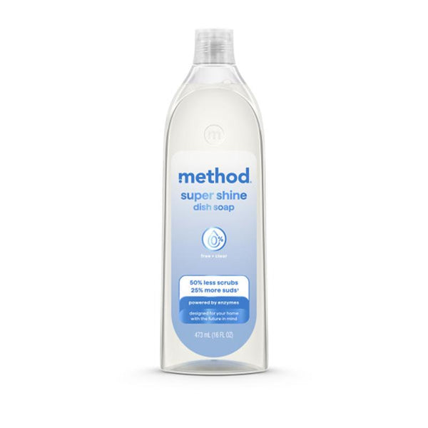 Method Super Shine Liquid Dish Soap, Powered by Enzymes, Free + Clear, Unscented, 16 fl oz 11300