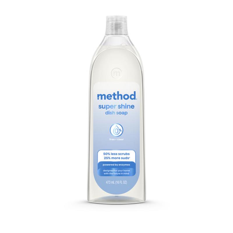 Method Super Shine Liquid Dish Soap, Powered by Enzymes, Free + Clear, Unscented, 16 fl oz