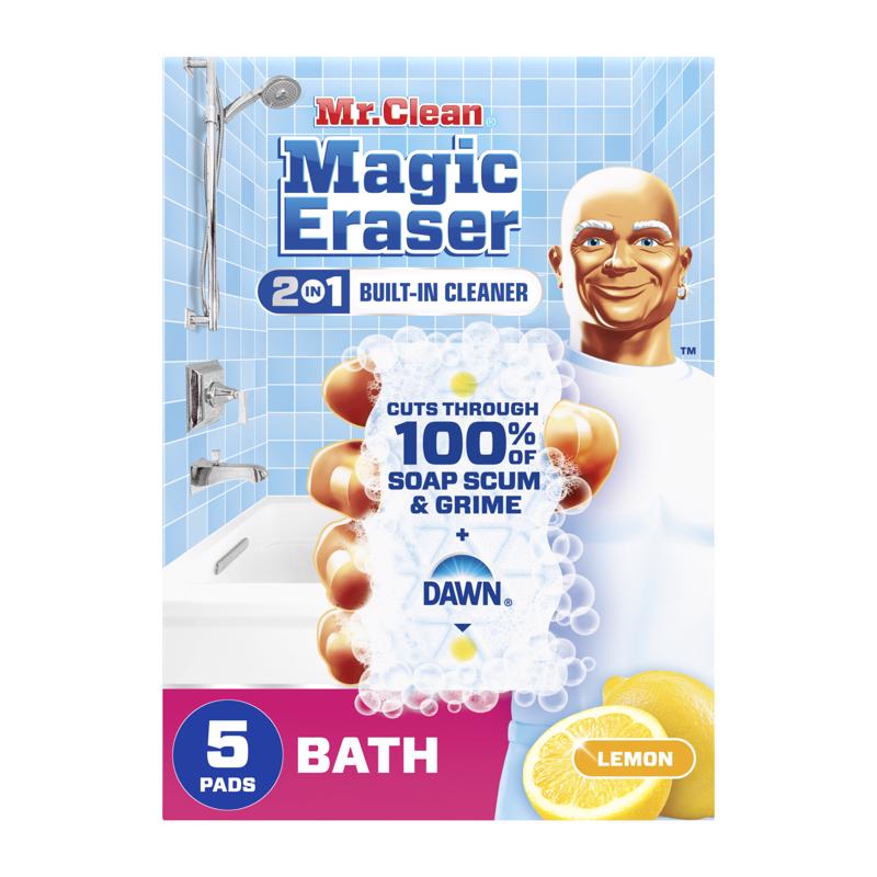Mr. Clean Magic Eraser Sponge, Bathroom Cleaner, Shower Cleaner, Tub Cleaner, Soap Scum Remover, Bathroom Cleaning Supplies, Dawn Cleaning Power with Lemon Scent, 2 in 1 Bath, 5ct
