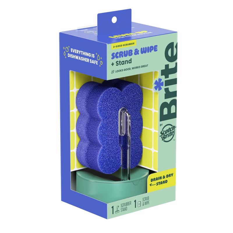 Brite by Scotch-Brite Scrub & Wipe with Drain + Dry Stand, Kitchen Sponge for Washing Dishes, 1 Scrub Sponge