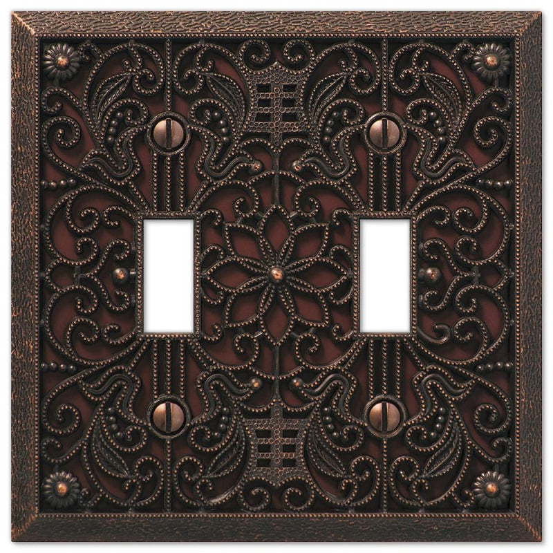 Amerelle 65TTDB Filigree Wallplate, 2 Toggle, Cast Metal, Aged Bronze, 1-Pack