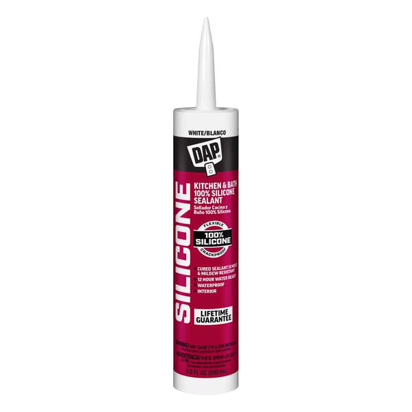 Dap Silicone Sealant, 100% Silicone, Kitchen and Bath, White, 10.1 oz. 7079808640