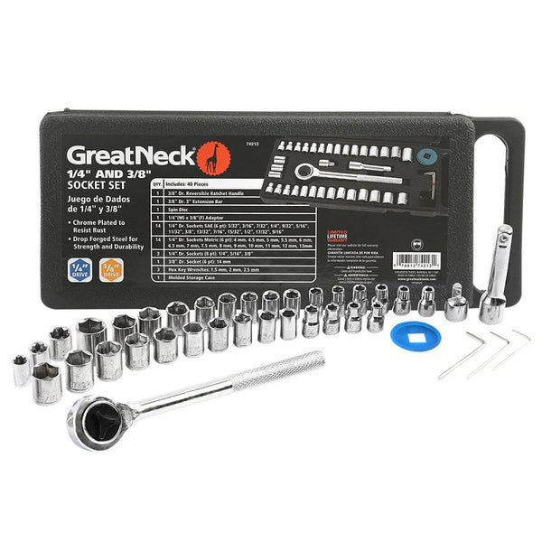GreatNeck 74213 40 Piece 1/4 and 3/8 Inch Drive Ratchet and Socket Set, 3/8 and 1/4 Inch Socket Set, 1/4 and 3/8 Ratchet Set