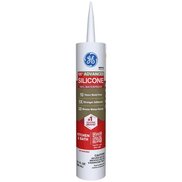 GE Advanced Silicone Caulk for Kitchen & Bathroom, White, 10 fl oz Cartridge, 1 Pack - 100% Waterproof Silicone Sealant, 5X Stronger Adhesion, Shrink & Crack Proof 2812565