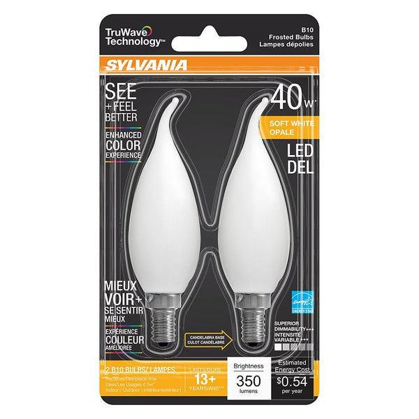 Ledvance SYLVANIA LED TruWave Natural Series Candelabra Base Light Bulb, 40W Soft White, Dimmable, Frosted, Candle Tip - 2 Pack 40779