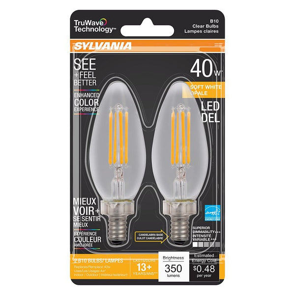 Ledvance SYLVANIA LED TruWave Natural Series Décor B10 Chandelier Light Bulb, 40W Equivalent Efficient 4W, Candelabra Base, Dimmable, 350 Lumens, Clear, 2700K, Soft White - 2 Pack (40794)