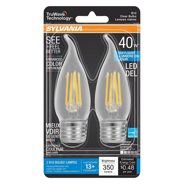 Ledvance SYLVANIA LED TruWave Natural Series Candelabra Light Bulb, 40W B10 Daylight Medium Base, Dimmable, Clear, Candle Tip - 2 Pack 40792