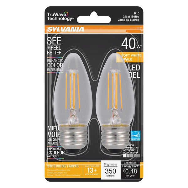 Ledvance SYLVANIA LED TruWave Natural Series Candelabra Light Bulb, 40W Soft White Medium Base, Dimmable, Clear, Blunt Tip - 2 Pack 40793