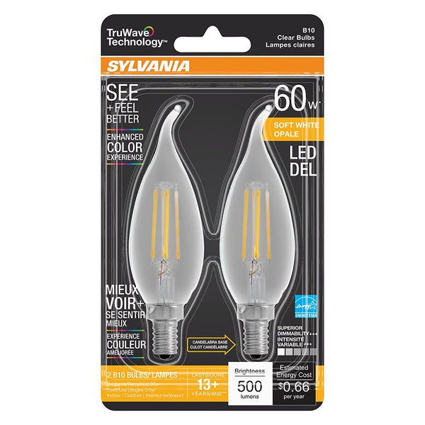 SYLVANIA LED TruWave Natural Series Décor Light Bulb, 60W Equivalent, Efficient 5.5W B10, Candelabra Base, Dimmable, 500 Lumens, 2700K, Soft White, Clear - 2 Pack (40757)