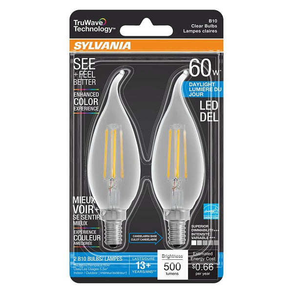 Ledvance SYLVANIA LED TruWave Natural Series Candelabra Base Light Bulb, 60W Daylight, Dimmable, Clear, Candle Tip - 2 Pack 40759