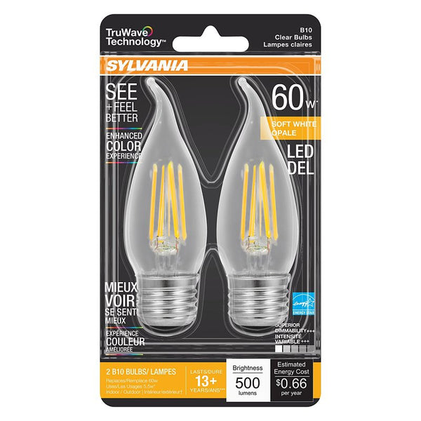 Ledvance SYLVANIA LED TruWave Natural Series Candelabra Light Bulb, 60W Soft White Medium Base, Dimmable, Clear, Candle Tip - 2 Pack 40758