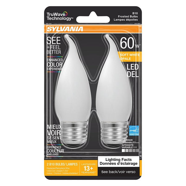 Ledvance Sylvania LED TruWave Natural Series Candelabra Light Bulb, 60W Soft White Medium Base, Dimmable, Frosted, Candle Tip - 2 Pack 40783