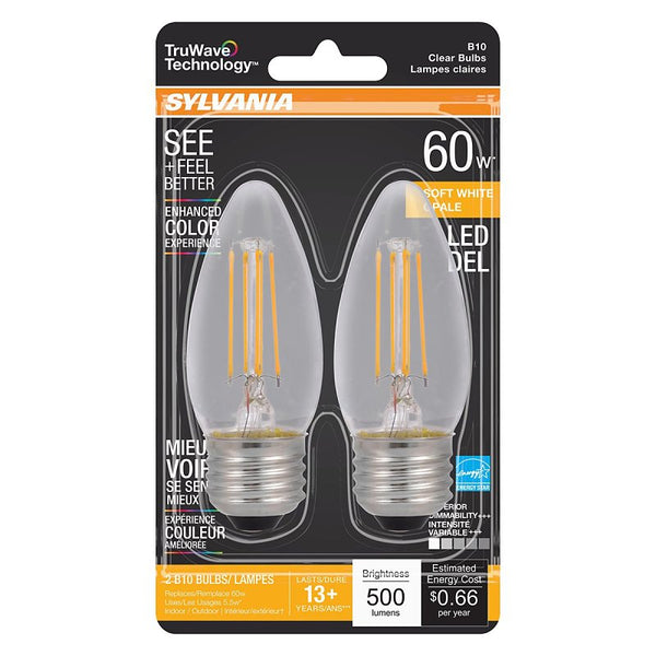Ledvance SYLVANIA LED TruWave Natural Series Candelabra Light Bulb, 60W Soft White Medium Base, Dimmable, Clear, Blunt Tip - 2 Pack 40795