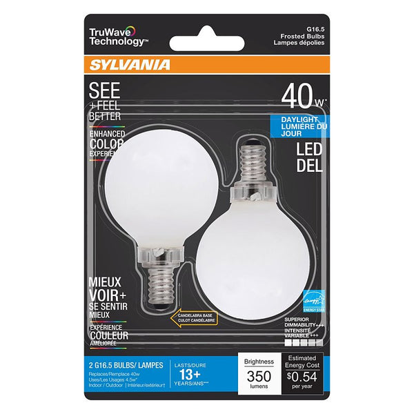 Ledvance SYLVANIA TruWave Natural Series Décor G16.5 Light Bulb, 40W Equivalent, Efficient 4.5W, 350 Lumens, Candelabra Base, Frosted, 5000K, Daylight - 2 Pack (40798)