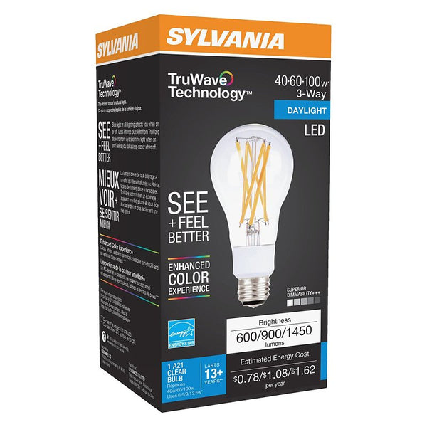 Sylvania 40770 Natural LED Bulb, 3-Way, A21 Lamp, 100 W Equivalent, E26 Lamp Base, Dimmable, Clear, Daylight