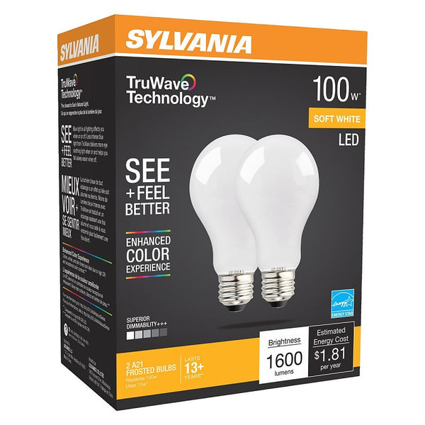 Ledvance Sylvania LED TruWave Natural Series A19 Light Bulb, 100W Equivalent, Efficient 15W, 1600 Lumens, Medium Base, Dimmable, Frosted, 2700K, Soft White - 2 Pack (42306) 40752