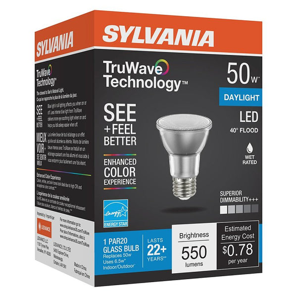 Ledvance Sylvania LED TruWave Natural Series PAR20 Light Bulb, 50W Equivalent, Efficient 6W, Medium Base, Dimmable, 5000K, Daylight - 1 Pack (40921) White