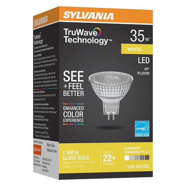 Sylvania LED TruWave Natural Series MR16 Light Bulb, 35W Equivalent, Efficient 6W, GU5.3 Bi-Pin Base, Dimmable, 3000K, White - 1 Pack (40928)