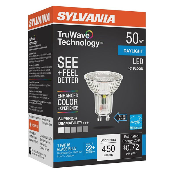 LEDVANCE Sylvania LED TruWave Natural Series PAR16 Light Bulb, 50W Equivalent Efficient 6W, GU10 Bi-Pin Base, Dimmable, 5000K, Daylight - 1 Pack (40933)
