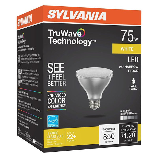 Ledvance Sylvania LED TruWave Natural Series PAR30 Light Bulb, 75W Equivalent, Efficient 9W, Medium Base, Dimmable, 3000K, White - 1 Pack (40914)[Packing and Description may vary]