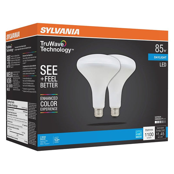 LEDVANCE Sylvania LED TruWave Natural Series BR40 Light Bulb, 85W Equivalent Efficient 12W, Medium Base, Dimmable, Frosted, 5000K, Daylight - 2 Pack (40787)