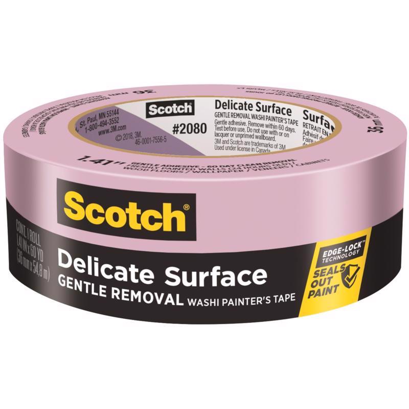 Scotch Delicate Surfaces Painters Tape, 1.41 in x 60 yd, Damage-Free Painting Prep, Protect Delicate Surfaces, UV & Sunlight Resistant, Solvent-Free Adhesive, Indoor Masking Tape, 1 Roll (2080-36EC)