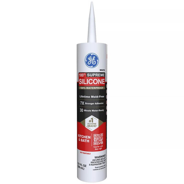 GE Supreme Silicone Caulk for Kitchen & Bathroom, White, 10 fl oz Cartridge, 1 Pack - 100% Waterproof Silicone Sealant, 7X Stronger Adhesion, Shrink & Crack Proof 2821640