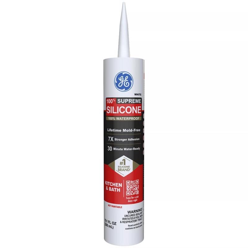 GE Supreme Silicone Caulk for Kitchen & Bathroom, White, 10 fl oz Cartridge, 1 Pack - 100% Waterproof Silicone Sealant, 7X Stronger Adhesion, Shrink & Crack Proof