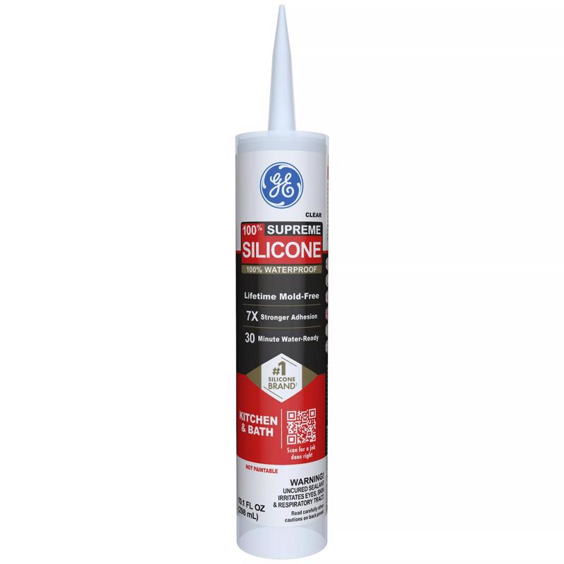 GE Supreme Silicone Caulk for Kitchen & Bathroom - 100% Waterproof Silicone Sealant, 7X Stronger Adhesion, Shrink & Crack Proof - 10 oz Cartridge, Clear, Pack of 1
