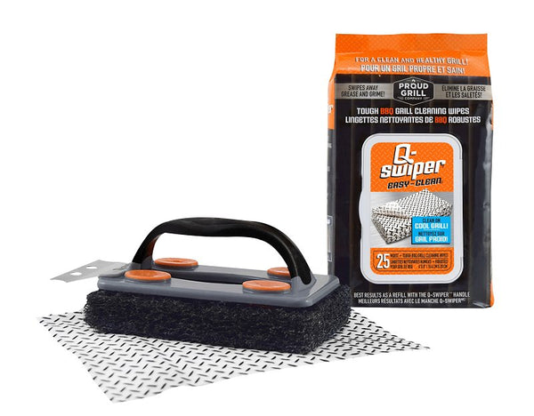 Proud Grill Company Q-Swiper BBQ Grill Cleaner Set - 1 Grill Brush with Scraper and 25 BBQ Grill Cleaning Wipes | No Bristles & Wire Free | Safe Way to Remove Grease and Grime for A Clean and Healthy Grill! 1251P