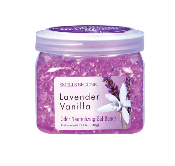 SMELLS BEGONE Odor Eliminator Gel Beads - Air Freshener - Eliminates Odor in Bathrooms, Cars, Boats, RVs & Pet Areas - Made with Essential Oils - Lavender Vanilla Scent - 12 Ounce 52612