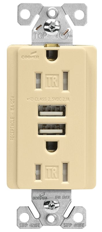 Eaton 3.6A USB Type A Charger with TR Duplex Receptacle 15A/125V, Ivory TR7765V-KB-L
