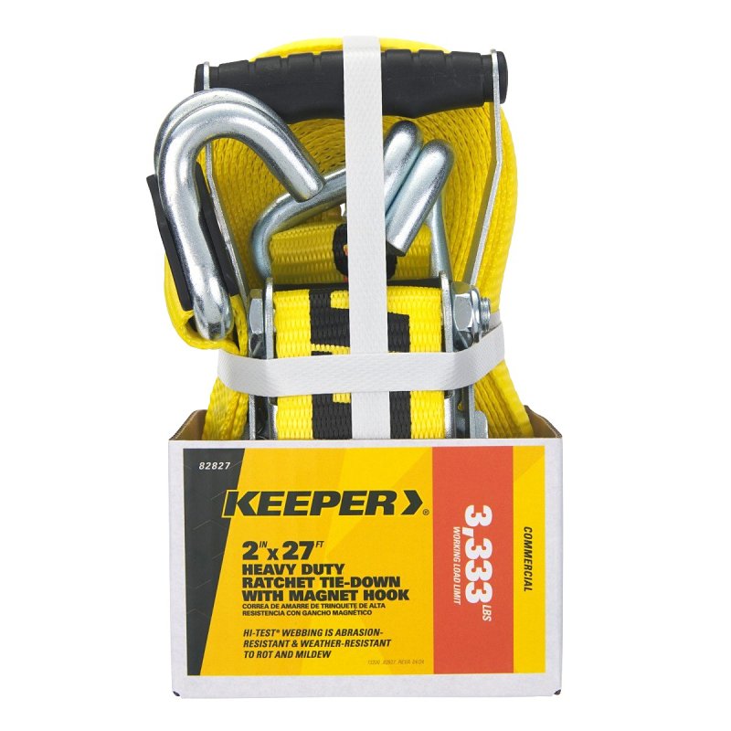 Keeper Heavy Duty Ratchet Tie-Down Strap 27 ft. x 2 in. 3,333 lbs. with Magnetic Double J Hook 82827