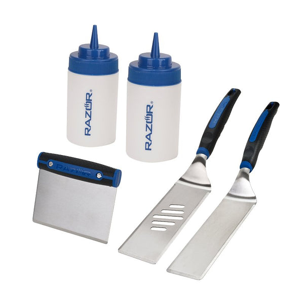 Razor 5 Piece Griddle Kit Tool Set- Includes Steel Chopper, 2 Clear Squeeze Bottles, and 2 Spatulas 08826RZ