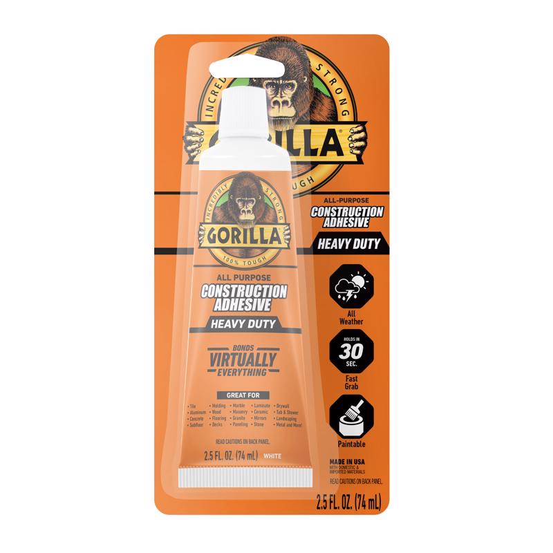 Gorilla Heavy Duty Construction Adhesive, 2.5 Ounce Squeeze Tube, White, (Pack of 1)