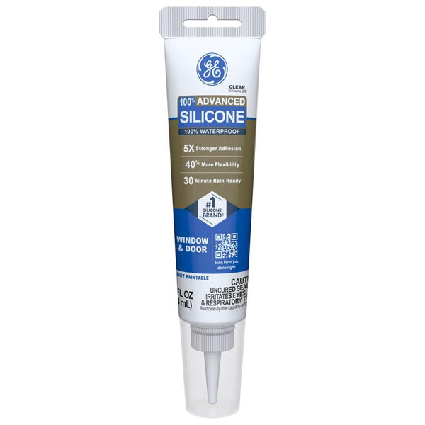 GE Advanced Silicone Caulk for Window & Door, Clear, 2.8 fl oz Tube, 1 Pack - 100% Waterproof Silicone Sealant, 5X Stronger Adhesion, Freeze & Sun Proof 2810435