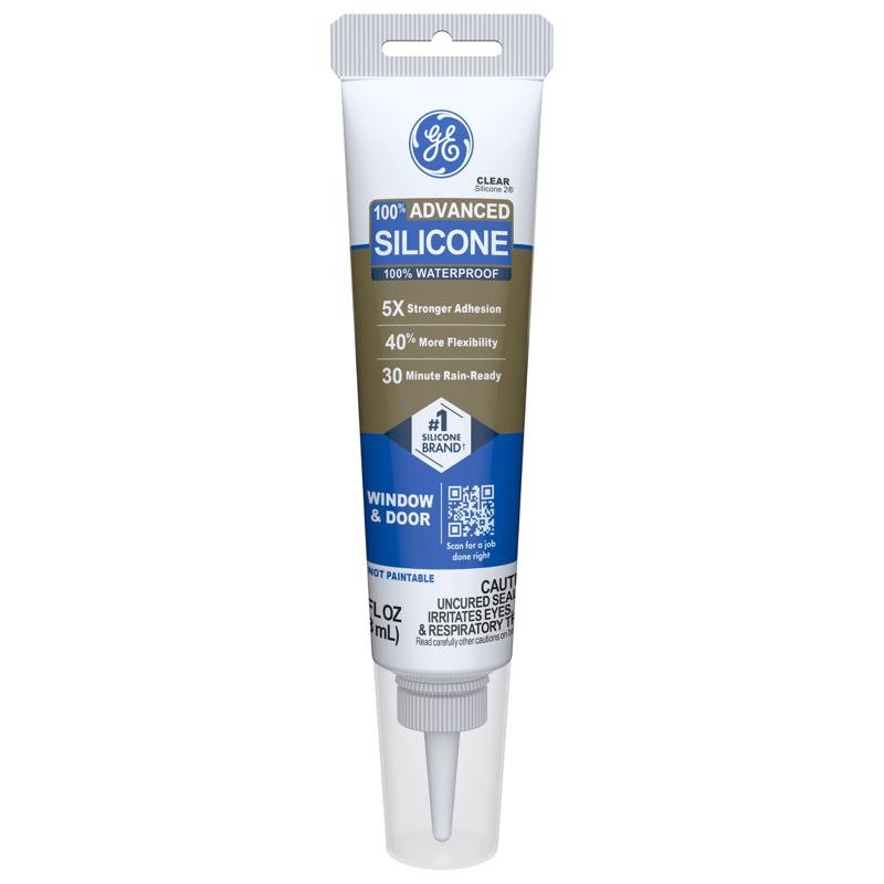 GE Advanced Silicone Caulk for Window & Door, Clear, 2.8 fl oz Tube, 1 Pack - 100% Waterproof Silicone Sealant, 5X Stronger Adhesion, Freeze & Sun Proof