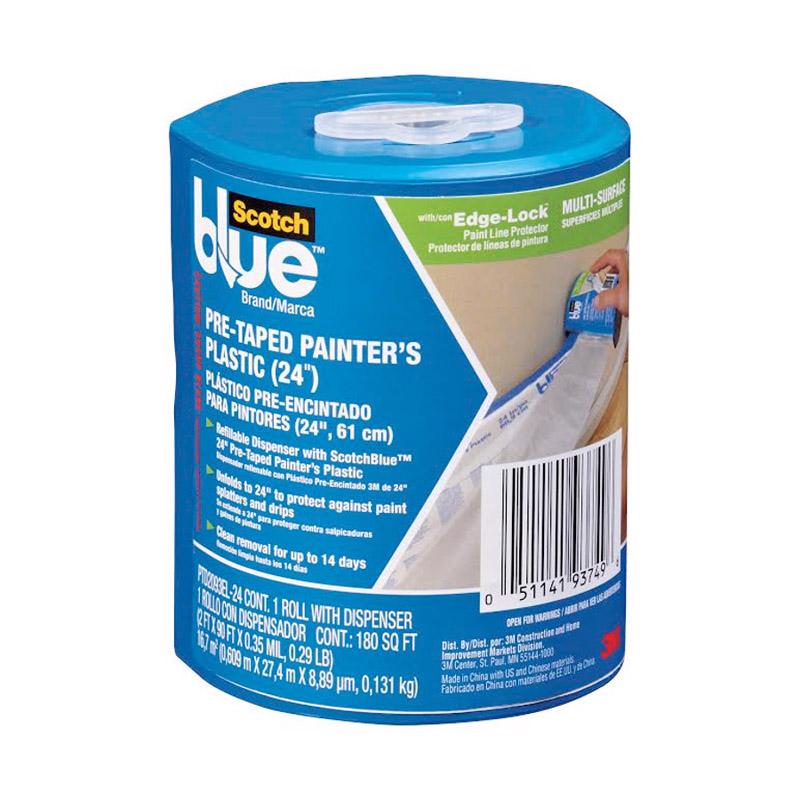 ScotchBlue Pre Plastic Painters Tape with Bladed Dispenser, 24 in x 30yd, Tape & Masking Film Combined in One Product, Static Cling to Stay in One Place, No Residue Masking Tape (PTD2093EL-24-S)