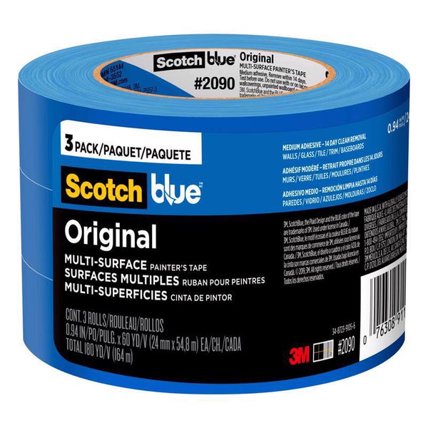 ScotchBlue Original Multi-Surface Painters Tape, 1 Inch Wide (0.94 in. x 60 Yds), 3 Rolls, Blue, Paint Tape Protects and Removes Easily, Masking Tape for Indoor and Outdoor Use (2090-24EC3)