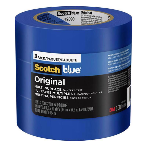ScotchBlue Original Multi-Surface Painters Tape, 1.5 Inch Wide (1.41 In. x 60 Yds) 3 Rolls, Blue Paint Tape Protects Surfaces and Removes Easily, Masking Tape for Indoor and Outdoor Use (2090-36AP3)