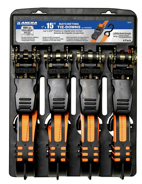 Ancra S-Line SL91 Ratchet Strap Tie Down with Padded Handle and Large S-Hooks, 1-Inch byx 15-Feet, 500-Pounds Working Load Limit, 4-Pack