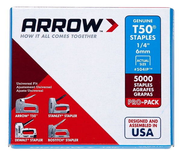 Arrow Fastener 504IP Heavy Duty T50 Staples for Upholstery, Construction, Furniture, Crafts, 3/8-Inch Crown Size, 1/4-Inch Leg Length, 5000-Pack