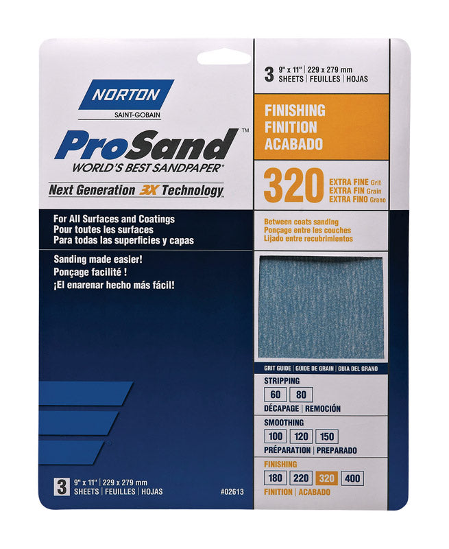 Norton 02613 3X Handy Aluminum-Oxide Sandpaper 320 Grit, 9-Inch x 11-Inch, 3-Pack