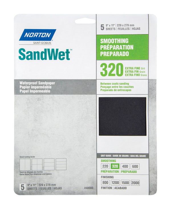 Norton 48080 9" X 11" 320 Grit Wet Sandpaper Sheets 5 Count 07660748080