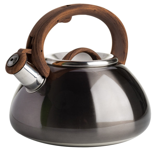 Primula Avalon Whistling Stovetop Tea Kettle, Food Grade Stainless Steel Wide Mouth, Fast to Boil, Cool Touch Handle, 2.5-Quart, Gunmetal Grey and Wood-Look PAGM1-6225